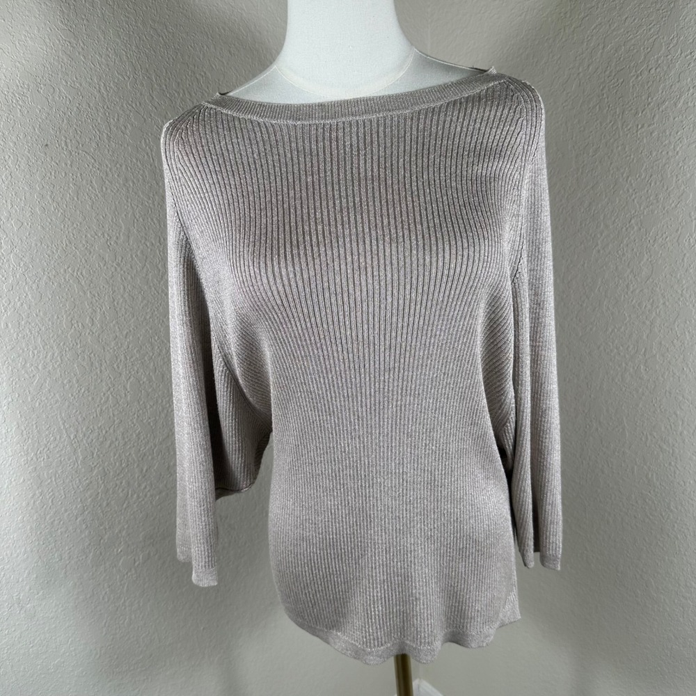 Massimo Dutti Metallic Ribbed Sweater M Taupe Shimmery Batwing Dolman Pullover